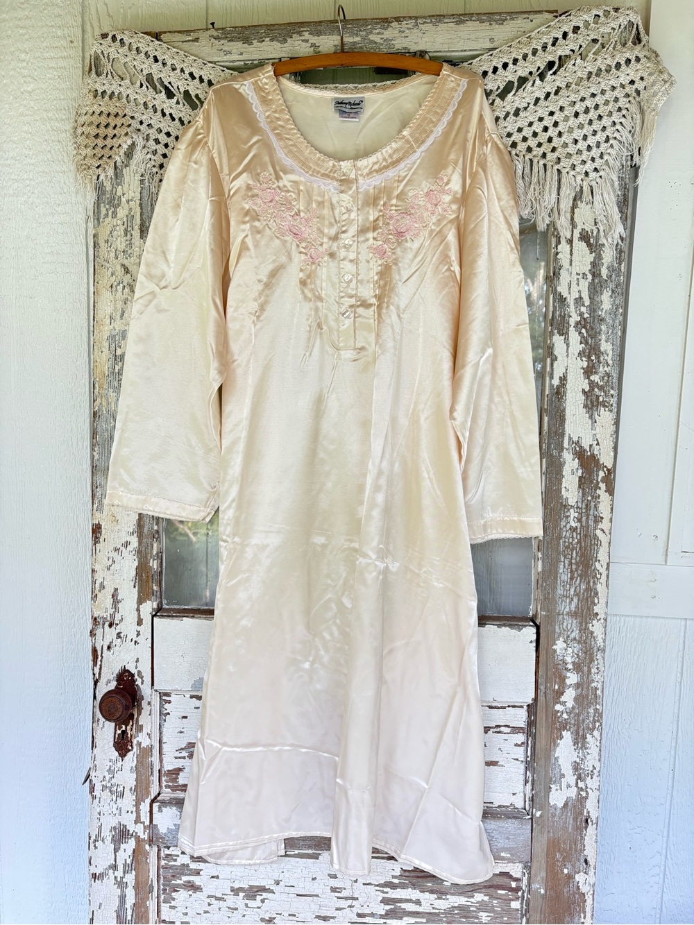 Cream Nightgown with Pink Embroidery